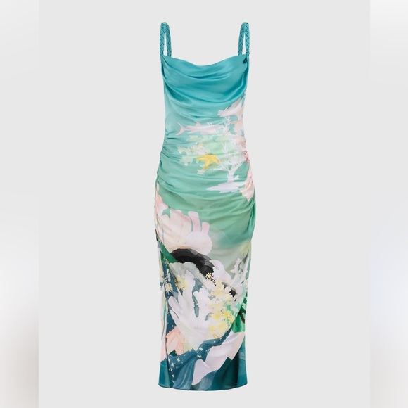NWT Leo Lin Rachel Cowl Neck Silk Slip Dress Neptune Print in Sea Grass Size 12 - Picture 6 of 16